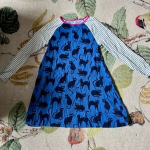 Mini Boden Blue Cat Print Dress with Gray Sleeves